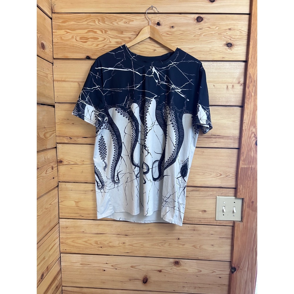 Mens Octopus Graphic T-Shirt Black White Print XXL‎ Short Sleeve Thick Festival